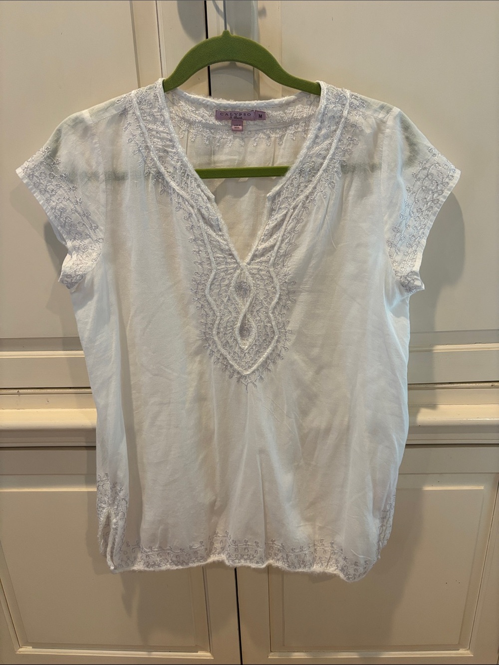 Calypso St. Barth White Embroidered V-Neck Cotton Tunic with Silver Threading